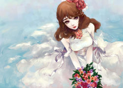 Rule 34 | 1girl, bouquet, brown eyes, brown hair, closed mouth, commentary, conniekims, dress, english commentary, flower, hair flower, hair ornament, highres, holding, holding bouquet, lips, long hair, looking at viewer, original, red flower, silver ribbon, standing, white dress