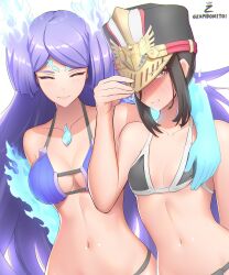 Rule 34 | 2girls, absurdres, bare arms, bare shoulders, bikini, black bikini, black hair, black headwear, blue fire, blush, breasts, brighid (xenoblade), brown eyes, closed eyes, closed mouth, collarbone, commentary, english commentary, facial mark, fire, forehead mark, hand on headwear, hand up, hat, highres, medium breasts, military hat, morag ladair (xenoblade), multiple girls, navel, nose blush, prehensile hair, purple bikini, purple hair, simple background, stomach, swimsuit, twitter username, white background, xenoblade chronicles (series), xenoblade chronicles 2, zambonito