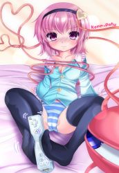 Rule 34 | 1girl, bad id, bad nicoseiga id, black thighhighs, blush, controller, feet, game controller, komeiji satori, konpotsu, no shoes, panties, pink eyes, pink hair, sexually suggestive, solo, striped clothes, striped panties, thighhighs, third eye, toes, touhou, underwear, wii remote