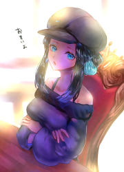 Rule 34 | 1girl, bare shoulders, black hair, blue eyes, blue hair, breasts, cabbie hat, chair, creatures (company), crossed arms, dark-skinned female, dark skin, game freak, grey hat, gym leader, hair up, hat, highres, long hair, long sleeves, looking at viewer, medium breasts, multicolored hair, nessa (pokemon), nintendo, off shoulder, official alternate costume, open mouth, pokemon, pokemon: twilight wings, pokemon swsh, solo, tsukigime (fool ehle), two-tone hair