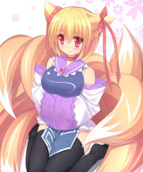 Rule 34 | 1girl, adapted costume, animal ears, bare shoulders, black thighhighs, blonde hair, blush, bow, breasts, detached sleeves, ear ribbon, fox ears, fox tail, hands in opposite sleeves, highres, large breasts, liya, long sleeves, multiple tails, no headwear, no headwear, red eyes, sitting, smile, solo, tabard, tail, thighhighs, touhou, wariza, wide sleeves, yakumo ran, zettai ryouiki