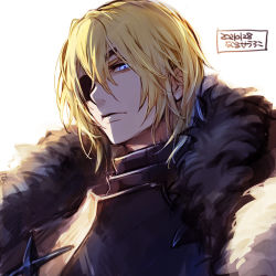 Rule 34 | 1boy, blonde hair, blue eyes, commentary, dated, dimitri alexandre blaiddyd, eyepatch, fire emblem, fire emblem: three houses, fur trim, hair between eyes, looking at viewer, male focus, nintendo, one eye covered, portrait, short hair, signature, simple background, solo, uroko (mnr), white background