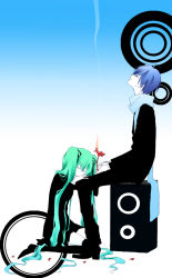Rule 34 | 1boy, 1girl, aqua hair, bad id, bad pixiv id, blue hair, blue scarf, boots, closed eyes, colored skin, flower, gradient background, hatsune miku, hetero, holding hands, kaito (vocaloid), lap pillow, long hair, long sleeves, nail polish, naoto (tulip), pants, petals, red flower, saihate (vocaloid), scarf, sitting, skirt, smoke, speaker, thighhighs, twintails, very long hair, vocaloid, white skin