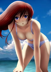 Rule 34 | 1girl, bent over, bikini, blue eyes, blue sky, breasts, cleavage, close-up, collarbone, day, hands on own knees, hanging breasts, highres, ilolamai, looking at viewer, medium breasts, original, parted lips, purple bikini, red hair, sky, solo, swimsuit, water