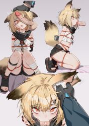 Rule 34 | 1boy, absurdres, animal ear fluff, animal ears, arknights, bdsm, black cape, blonde hair, blush, bondage, bound, cape, commission, fang, flat chest, fox ears, full body, gradient background, hair between eyes, hair ornament, hairpin, hetero, highres, kentllaall, kneeling, leg strap, looking at viewer, multiple girls, multiple views, open mouth, oral, orange eyes, penis, petite, restrained, scarf, second-party source, shibari, short hair, skin fang, tail, vermeil (arknights)