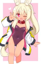 Rule 34 | 1girl, ;d, animal ear fluff, animal ears, barefoot, blonde hair, breasts, collar, commentary request, covered navel, etrian odyssey, hand up, heart, highres, jacket, leotard, long hair, long sleeves, looking at viewer, masurao (sekaiju), masurao 2 (sekaiju), naga u, one eye closed, open clothes, open jacket, open mouth, pink background, ponytail, puffy long sleeves, puffy sleeves, purple leotard, rabbit ears, red collar, red eyes, sekaiju no meikyuu, sekaiju no meikyuu 5, short eyebrows, small breasts, smile, solo, standing, standing on one leg, strapless, strapless leotard, thick eyebrows, two-tone background, v, very long hair, white background, white jacket