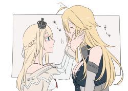 Rule 34 | 10s, 2girls, = =, ahoge, bare shoulders, blonde hair, blue eyes, braid, breasts, commentary request, crown, dress, elbow gloves, closed eyes, french braid, front-tie top, gloves, hairband, hands on another&#039;s face, hisaki (morenabe), iowa (kancolle), jewelry, kantai collection, large breasts, long hair, long sleeves, mini crown, multiple girls, necklace, no headgear, off-shoulder dress, off shoulder, red ribbon, ribbon, simple background, upper body, warspite (kancolle)