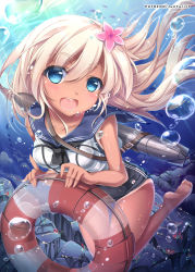 Rule 34 | 1girl, bad id, bad twitter id, blonde hair, blue eyes, bubble, crop top, flower, hair flower, hair ornament, highres, kantai collection, lifebuoy, long hair, nontraditional school swimsuit, one-piece swimsuit, one-piece tan, ro-500 (kancolle), sailor collar, school swimsuit, school uniform, serafuku, shirakawako, solo, swim ring, swimsuit, swimsuit under clothes, tan, tanline, torpedo, underwater