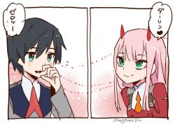 Rule 34 | 10s, 1boy, 1girl, black hair, blue eyes, colorized, comic, commentary request, couple, darling in the franxx, green eyes, hiro (darling in the franxx), horns, long hair, mago, military, military uniform, necktie, oni horns, orange neckwear, pink hair, red horns, red neckwear, short hair, signature, speech bubble, translation request, uniform, zero two (darling in the franxx)