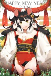 Rule 34 | 1girl, 2020, :&lt;, absurdres, animal, animal ears, animal in clothes, animal on head, back bow, bare shoulders, black eyes, black hair, black panties, black sleeves, blank eyes, bow, breasts, cheese earrings, cowboy shot, detached sleeves, double v, earrings, egasumi, english text, female focus, grass, groin, hair bow, hair flaps, hands up, happy, happy new year, highres, holly, huge filesize, japanese clothes, jewelry, kimono, layered sleeves, long hair, looking at viewer, mouse (animal), mouse ears, mouse girl, multicolored hair, new year, obi, on head, open mouth, original, panties, red eyes, red kimono, rope, sash, shibainu, shide, shimenawa, short kimono, sidelocks, sleeveless, sleeveless kimono, small breasts, smile, snow, snowing, solo, standing, strapless, streaked hair, striped clothes, striped thighhighs, swept bangs, thighhighs, two-tone hair, underwear, v, white hair, white sleeves, wide sleeves, yellow bow, yellow eyes, yellow thighhighs