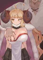 Rule 34 | 1boy, 1girl, anila (granblue fantasy), blonde hair, blush, breasts, brown eyes, embarrassed, grabbing, grabbing another&#039;s breast, gradient background, granblue fantasy, horns, huge breasts, muscular, muscular male, one breast out, size difference