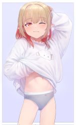 Rule 34 | 1girl, blush, border, bow, bow panties, clothes lift, cowboy shot, flat chest, gluteal fold, grey background, grey hair, grey panties, hair intakes, highres, hip bones, lifting own clothes, makaino ririmu, medium hair, multicolored hair, navel, nijisanji, no pants, one eye closed, panties, pink hair, pointy ears, red eyes, sabamen, solo, streaked hair, sweater, sweater lift, two-tone hair, underwear, virtual youtuber, wavy mouth, white border, white sweater
