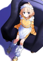 Rule 34 | 1girl, absurdres, ahoge, apron, arm support, bandaid, bandaid on knee, bandaid on leg, bike shorts, blue eyes, blush, brown hair, closed mouth, commentary, couch, expressionless, frilled apron, frills, from above, heart apron, highres, idolmaster, idolmaster million live!, jacket, jersey maid, legs, long sleeves, looking at viewer, maid, maid headdress, medium hair, meeeeeeco359, shoes, shorts, sidelocks, sitting, sleeves past fingers, sleeves past wrists, sneakers, solo, suou momoko, track jacket, unconventional maid, wavy hair, white apron, white background, white leg warmers, yellow footwear, yellow jacket, yellow shorts