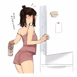 Rule 34 | 1girl, beer can, blush, bralines, breasts, brown hair, camisole, can, douki-chan (douki-chan), drink can, ganbare douki-chan, glasses, hair bun, highres, holding, holding can, musical note, note, opening door, pantylines, paper, pink shorts, refrigerator, short shorts, shorts, sidelocks, simple background, single hair bun, sleeveless, small breasts, solo, strap slip, thighs, translation request, white background, yomu (sgt epper)