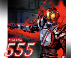 Rule 34 | 1boy, armor, bodysuit, character name, chest armor, commentary request, english text, helmet, kamen rider, kamen rider 555, kamen rider 555: paradise regained, kamen rider faiz, kamen rider next faiz, rcj, rider belt, shoulder armor, solo, upper body, yellow eyes