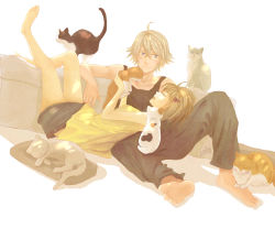 Rule 34 | 10s, bad id, bad pixiv id, bare shoulders, barefoot, blonde hair, caring, cat, couch, closed eyes, flower, hair ornament, hairclip, huang baoling, ivan karelin, lap pillow, legs, purple eyes, short hair, signature, tank top, tiger &amp; bunny