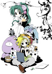 Rule 34 | 1990s (style), 2girls, ajinosu, bare shoulders, beret, blonde hair, detached sleeves, earrings, final fantasy, final fantasy vi, flat chest, flat color, green hair, hat, jewelry, moogle, multiple girls, notebook, paintbrush, pants, ponytail, relm arrowny, simple background, tina branford
