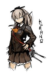 Rule 34 | 10s, 1girl, blue eyes, cannon, character name, cowboy shot, cropped legs, deel (rkeg), hand on own hip, headgear, highres, kantai collection, kumano (kancolle), long hair, military, military uniform, ponytail, silver hair, sketch, smile, solo, uniform