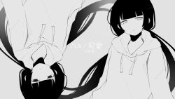 Rule 34 | 1girl, blunt bangs, closed mouth, copyright request, erk07, frown, greyscale, half-closed eyes, highres, hood, hood down, hoodie, long hair, monochrome, multiple views, parted lips, signature, twintails, very long hair