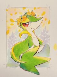 Rule 34 | closed mouth, creatures (company), em ivy akippoi, flower, game freak, gen 5 pokemon, half-closed eyes, nintendo, no humans, pokemon, pokemon (creature), red eyes, smile, snivy, solo, traditional media