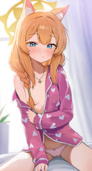 Rule 34 | 1girl, absurdres, animal ear fluff, animal ears, blue archive, blue eyes, blush, braid, closed mouth, hair between eyes, hair censor, halo, highres, jewelry, loloco, long hair, long sleeves, mari (blue archive), necklace, orange hair, pajamas, panties, pink pajamas, single braid, solo, striped clothes, striped panties, underwear, yellow halo