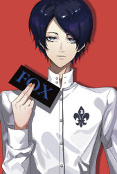 Rule 34 | 1boy, blue hair, buttons, card, commentary, english commentary, english text, eroka404, grey eyes, hand up, highres, holding, holding card, kitagawa yuusuke, long sleeves, looking at viewer, male focus, parted lips, persona, persona 5, red background, school uniform, shirt, short hair, simple background, solo, turtleneck, upper body, white shirt