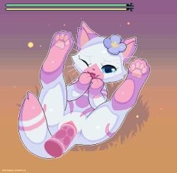 Rule 34 | 1girl, alternate color, animal hands, animated, animated gif, ass, blue eyes, cat, disembodied penis, eyelashes, fang, felyne, field, flower, flower on head, furry, gameplay mechanics, hanako (monster hunter stories), happy, happy sex, kemocamotli, legs up, looping animation, lying, monster hunter (series), monster hunter stories, no humans, nude, one eye closed, open mouth, pawpads, penis, pixel art, pussy, pussy juice, sex, smile, spread legs, stomach bulge, tail, uncensored, vaginal, whiskers