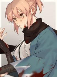 Rule 34 | 1girl, alternate hairstyle, black gloves, black scarf, blonde hair, blood, blood from mouth, blood on clothes, blood on face, commentary request, fate/grand order, fate (series), fingerless gloves, gloves, grey eyes, hair between eyes, haori, highres, injury, japanese clothes, kimono, koha-ace, official alternate hairstyle, okita souji (fate), okita souji (koha-ace), parted lips, ponytail, scarf, shinsengumi, short hair, short ponytail, sidelocks, solo, teeth, upper body, usamimikurage, white kimono, wide sleeves