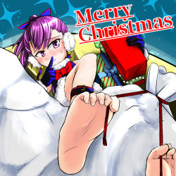 Rule 34 | 1girl, barefoot, between toes, blush, earmuffs, fate/grand order, fate (series), feet, finger to mouth, foot focus, gift, helena blavatsky (fate), highres, looking at viewer, ponytail, pov, purple eyes, purple hair, soles, toes