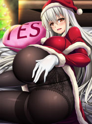 Rule 34 | 1girl, ass, blush, breasts, brown eyes, christmas, christmas ornaments, christmas tree, crotch seam, dress, fur-trimmed dress, fur trim, gloves, hair between eyes, hat, highres, kantai collection, large breasts, long hair, looking at viewer, militia minpei, open mouth, panties, panties under pantyhose, pantyhose, santa costume, santa dress, santa hat, shoukaku (kancolle), silver hair, smile, solo, underwear, white gloves