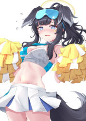 Rule 34 | 1girl, absurdres, animal ears, black hair, blue archive, blue eyes, blue skirt, breasts, cheerleader, cleavage, clothes writing, commentary request, dog ears, dog girl, dog tail, eyewear on head, facial tattoo, halo, hibiki (blue archive), hibiki (cheer squad) (blue archive), highres, kaigan, looking at viewer, medium breasts, midriff, millennium cheerleader outfit (blue archive), navel, open mouth, pom pom (cheerleading), ponytail, short hair, simple background, skirt, solo, star tattoo, sunglasses, tail, tattoo, thighs, two-tone skirt, white background, white skirt