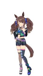 Rule 34 | 1girl, animal ears, asymmetrical footwear, asymmetrical legwear, bad link, belt, black footwear, boots, bow, breasts, brown hair, crop top, ear ornament, full body, game model, hand on own hip, highres, horse ears, horse girl, horse tail, jacket, long hair, long sleeves, looking at viewer, midriff, mismatched footwear, mismatched legwear, navel, one eye closed, open mouth, purple belt, shoes, shorts, skirt, small breasts, smile, solo, standing, tachi-e, tail, thighhighs, tosen jordan (umamusume), transparent background, twintails, umamusume, v