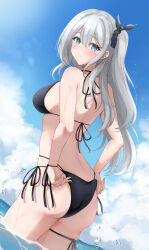 Rule 34 | 1girl, absurdres, adjusting clothes, adjusting swimsuit, back, bikini, black bikini, blue eyes, blue sky, blush, breasts, closed mouth, cloud, commentary, day, dutch angle, grey hair, hair between eyes, highres, large breasts, long hair, looking at viewer, looking back, median furrow, ocean, original, outdoors, side-tie bikini bottom, sidelocks, sky, solo, swimsuit, thigh strap, wachikumori, wading