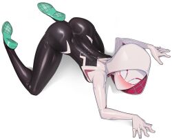 Rule 34 | 1girl, all fours, ass, ass focus, bodysuit, breasts, full body, gwen stacy, highres, hood, hooded bodysuit, looking at viewer, marvel, mask, medium breasts, minicop2001, simple background, skin tight, skinny, solo, spider-gwen, spider-man (series), spider web print, superhero costume, thighs, two-tone bodysuit, white background
