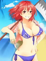 Rule 34 | 1girl, ahoge, alternate costume, backdrop, bad id, bad pixiv id, bikini, breasts, cleavage, female focus, front-tie top, grin, hair bobbles, hair ornament, hand on own hip, highres, hip focus, large breasts, onozuka komachi, open clothes, open shirt, purple bikini, red eyes, red hair, scythe, shirt, short hair, side-tie bikini bottom, smile, solo, swimsuit, teeth, touhou, twintails, two side up, umemiyachu, weapon