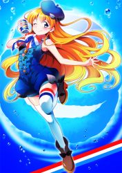 Rule 34 | 1girl, ;), bare shoulders, beret, blue background, blue eyes, blush, bubble, can, france, french flag, hakka (88hk88), hat, long hair, one eye closed, orange hair, orangina, overalls, personification, ribbon, shoes, smile, solo, thighhighs, very long hair, white thighhighs, wink