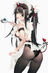 Rule 34 | 1girl, absurdres, adobe photoshop, apron, arm ribbon, ass, bare arms, black bodysuit, black hair, black panties, black pantyhose, bodysuit, breasts, commentary, cowboy shot, demon horns, demon tail, frilled apron, frills, from behind, grandia lee, green eyes, hair ribbon, highres, holding, holding spoon, horns, long hair, looking at viewer, looking back, maid, maid apron, maid headdress, medium breasts, original, panties, pantyhose, ponytail, red ribbon, ribbon, sideboob, sidelocks, simple background, skirt hold, solo, spoon, tail, tongue, tongue out, underwear, white apron, white background