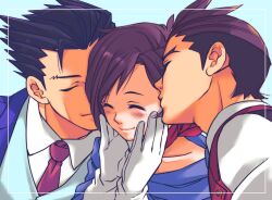 Rule 34 | 1girl, 2boys, ace attorney, antenna hair, apollo justice, black hair, blue background, blue cape, blue jacket, blue vest, border, boy sandwich, brown hair, cape, closed eyes, closed mouth, collared shirt, forked eyebrows, gloves, hands on own cheeks, hands on own face, jacket, kiss, kissing cheek, lapel pin, lapels, multiple boys, necktie, phoenix wright, pink necktie, platonic kiss, portrait, ragi (od6fine), red scarf, sandwiched, scarf, shirt, short hair, simple background, smile, spiked hair, swept bangs, trucy wright, vest, white gloves, white shirt