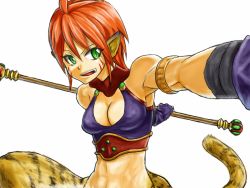 Rule 34 | 1girl, animal ears, breasts, breath of fire, breath of fire ii, bustier, cat ears, cat tail, facial mark, furry, furry female, gloves, green eyes, midriff, no panties, no pants, orange hair, pointy ears, red hair, rinpoo chuan, short hair, solo, staff, tail, tsunemi aosa