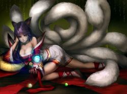 Rule 34 | 1girl, ahri (league of legends), animal ears, arm support, blue eyes, blue hair, breasts, collarbone, elbow rest, energy ball, facial mark, fox ears, fox girl, fox tail, highres, kitsune, large breasts, league of legends, long hair, long sleeves, looking at viewer, lying, marble (toy), multiple tails, nail polish, off shoulder, on side, skirt, skirt set, tail, whisker markings, wide sleeves