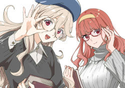 Rule 34 | 2girls, beret, black sweater, blunt bangs, book, breasts, celica (fire emblem), corrin (female) (fire emblem), corrin (fire emblem), crossover, cuffs, eyelashes, unworn eyewear, fire emblem, fire emblem echoes: shadows of valentia, glasses, grey sweater, hair between eyes, hairband, hat, holding, holding book, holding removed eyewear, jewelry, light brown hair, long hair, medium breasts, misu kasumi, multiple girls, necklace, nintendo, open mouth, red eyes, red hair, shadow, simple background, smile, sweater, turtleneck, white background