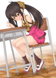 Rule 34 | 1girl, animal print, azuma (azumapic), bare shoulders, between legs, black hair, black socks, blush, breasts, chair, collarbone, crop top, crying, desk, dutch angle, embarrassed, female focus, full body, gradient background, hair ribbon, hand between legs, hand up, have to pee, highres, idolmaster, idolmaster cinderella girls, indoors, jacket, jewelry, leopard print, long hair, looking down, matoba risa, miniskirt, necklace, off shoulder, open mouth, peeing, peeing self, pleated skirt, puddle, purple jacket, purple skirt, red footwear, ribbon, school desk, shiny skin, shirt, shoes, simple background, sitting, skirt, sleeveless, sleeveless shirt, small breasts, socks, solo, tears, textless version, twintails, undershirt, wet, wet clothes, yellow eyes, yellow ribbon, yellow shirt