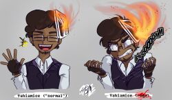 Rule 34 | :d, afro, angry, black vest, collared shirt, dark skin, expressions, fingerless gloves, fire, glasses, gloves, homebymidnight, open mouth, original, shirt, smile, tagme, vest, yahiamice