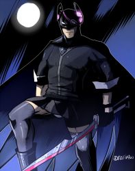 Rule 34 | 1boy, batman, batman (series), black cape, black skirt, cape, closed mouth, cosplay, crossdressing, dc comics, eyepatch, full moon, grey thighhighs, holding, holding sword, holding weapon, kantai collection, looking at viewer, male focus, mask, moon, one eye covered, panties, pantyshot, pleated skirt, rariatto (ganguri), shirt, skirt, solo, standing, sword, tenryuu (kancolle), tenryuu (kancolle) (cosplay), thighhighs, twitter username, underwear, weapon, white panties, white shirt