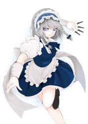 Rule 34 | 1girl, blue bow, blue eyes, blue skirt, bow, braid, frilled skirt, frills, izayoi sakuya, knife, legs, looking to the side, maid, maid headdress, outstretched arm, puffy sleeves, running, silver bow, silver hair, skirt, solo, touhou, utakata (kochou no yume)