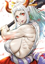 1girl :d absurdres areola_slip blush breasts earrings gradient_hair green_hair highres holding holding_weapon horns jewelry large_breasts ming_liu multicolored_hair muscular muscular_female one_piece open_mouth ponytail red_eyes sideboob smile solo weapon white_hair yamato_(one_piece)