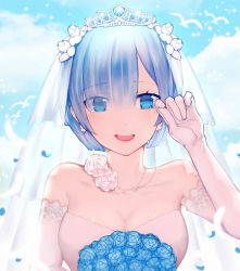 Rule 34 | 10s, 1girl, :d, bare shoulders, bird, blue eyes, blue flower, blue hair, blue rose, blunt bangs, bouquet, breasts, bridal veil, cleavage, cloud, cloudy sky, collarbone, crying, crying with eyes open, day, dress, earrings, elbow gloves, eyebrows, eyes visible through hair, flock, flower, gloves, hair flower, hair ornament, hair over one eye, happy, happy tears, holding, holding bouquet, jewelry, light particles, looking at viewer, matching hair/eyes, medium breasts, necklace, open mouth, petals, re:zero kara hajimeru isekai seikatsu, rem (re:zero), rose, see-through, short hair, sky, smile, solo, strapless, streaming tears, tears, teeth, tiara, upper body, veil, wedding dress, white flower, white gloves, white rose, wiping tears, yue (pixiv4635680)