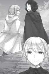 Rule 34 | 1boy, 2girls, :d, ayakura juu, cape, closed eyes, day, greyscale, grin, hair between eyes, hood, hood down, hooded, looking back, monochrome, multiple girls, myuri (spice and wolf), novel illustration, official art, open mouth, outdoors, ponytail, short hair, smile, spice and wolf, tote col