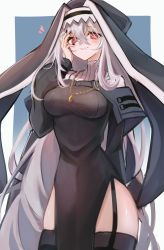Rule 34 | 1girl, :d, arknights, black cape, black headwear, black nails, black thighhighs, blue background, breasts, cape, commentary, cowboy shot, garter straps, habit, hair between eyes, hand on own face, heart, highres, jewelry, long hair, looking at viewer, nail polish, necklace, nun, open mouth, pelvic curtain, red eyes, sharp teeth, shino duka, silver hair, simple background, small breasts, smile, specter (arknights), star (symbol), teeth, thighhighs, thighs, two-tone background, upper teeth only, white background, zettai ryouiki