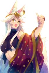 Rule 34 | 1girl, alternate costume, animal ear fluff, animal ears, blush, breasts, commentary request, crop top, earrings, echo (circa), fate/grand order, fate (series), fox ears, fox tail, hair ornament, headpiece, indian clothes, jewelry, koyanskaya (fate), koyanskaya (indian lostbelt outfit) (fate), long hair, looking at viewer, medium breasts, open mouth, pink hair, ring, simple background, solo, sweatdrop, tail, tamamo (fate), thumbs up, torn clothes, very long hair, white background, yellow eyes